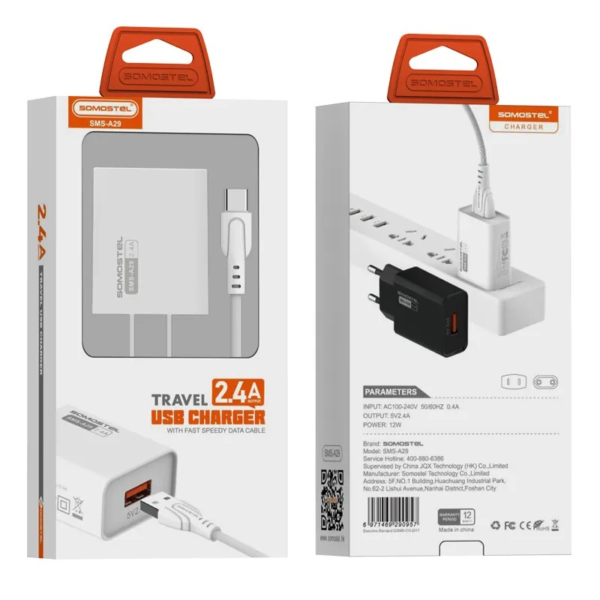 Cargador Somostel USB + Cable C, Micro, iPhone
